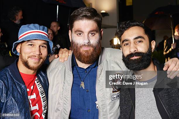 Kesi Dryden, Piers Agget and Amir Amor of Rudimental attend the KISS FM Haunted House Party at SSE Arena on October 29, 2015 in London, England.