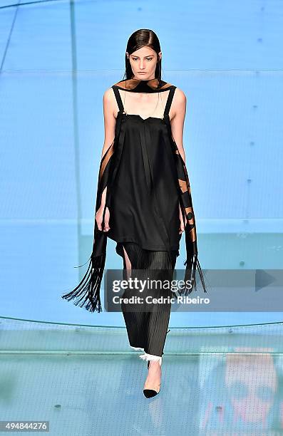 Model walks the runway at the Talents Fashion show during the Vogue Fashion Dubai Experience 2015 at The Dubai Mall on October 29, 2015 in Dubai,...