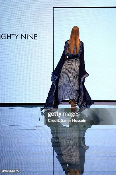 Model walks the runway at the Talents Fashion show during the Vogue Fashion Dubai Experience 2015 at The Dubai Mall on October 29, 2015 in Dubai,...