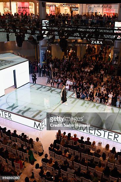 Model walks the runway at the Talents Fashion show during the Vogue Fashion Dubai Experience 2015 at The Dubai Mall on October 29, 2015 in Dubai,...