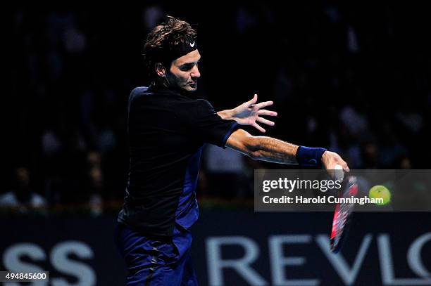 Roger Federer of Switzerland in action during the fourth day of the Swiss Indoors ATP 500 tennis tournament against Philipp Kohlschreiber of Germany...