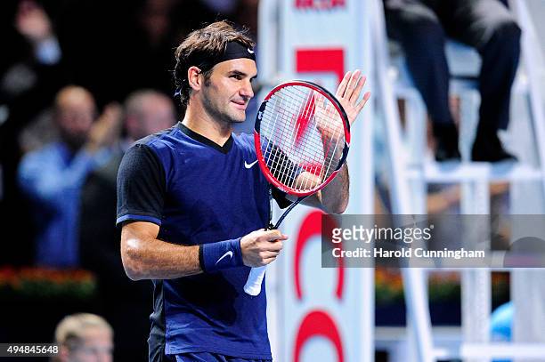 Roger Federer of Switzerland celebrates his victory after the fourth day of the Swiss Indoors ATP 500 tennis tournament against Philipp Kohlschreiber...