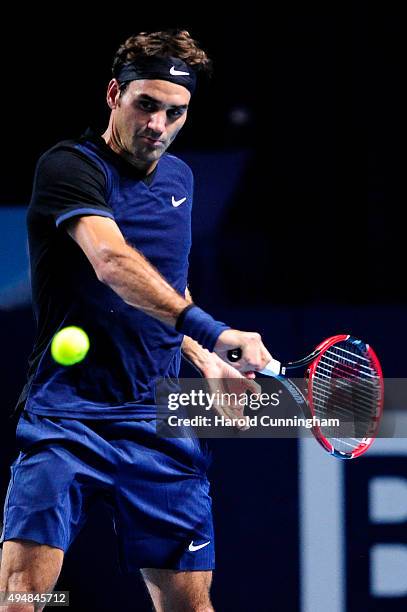 Roger Federer of Switzerland in action during the fourth day of the Swiss Indoors ATP 500 tennis tournament against Philipp Kohlschreiber of Germany...