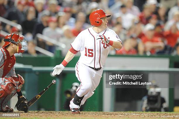 Nate McLouth of the Washington Nationals takes a swing during a game against the Cincinnati Reds on May 19, 2014 at Nationals Park in Washington, DC....