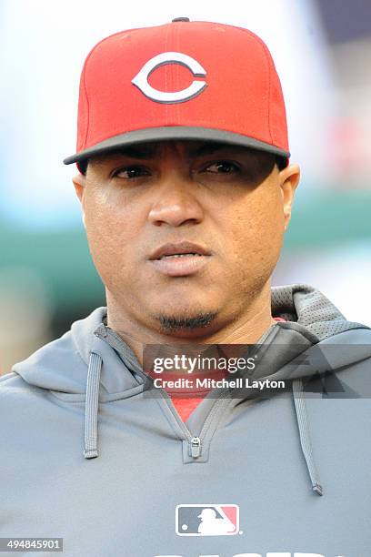 Alfredo Simon of the Cincinnati Reds looks on before a game against the Washington Nationals on May 19, 2014 at Nationals Park in Washington, DC. The...