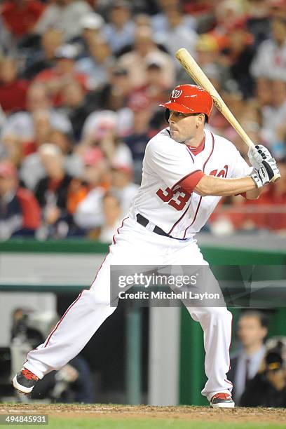 Greg Dobbs of the Washington Nationals prepares for a pitch during a game against the Cincinnati Reds on May 19, 2014 at Nationals Park in...