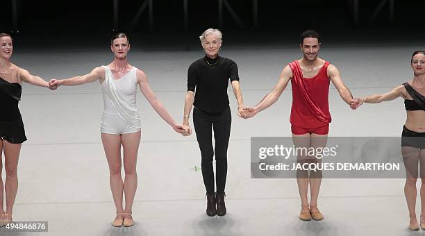 Postmodern choreographer Lucinda Childs and dancers acknowledge applause after performing a rehearsal of "Available Light", a 1983 piece by Childs,...