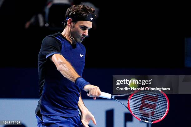 Roger Federer of Switzerland in action during the fourth day of the Swiss Indoors ATP 500 tennis tournament against Philipp Kohlschreiber of Germany...