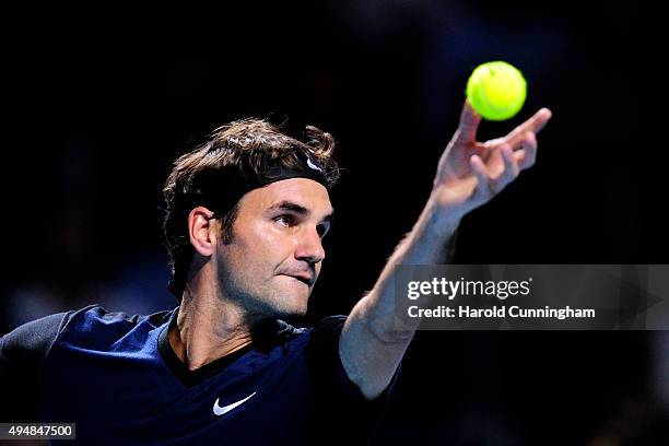 Roger Federer of Switzerland in action during the fourth day of the Swiss Indoors ATP 500 tennis tournament against Philipp Kohlschreiber of Germany...
