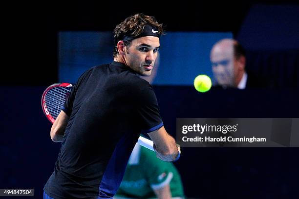 Roger Federer of Switzerland in action during the fourth day of the Swiss Indoors ATP 500 tennis tournament against Philipp Kohlschreiber of Germany...