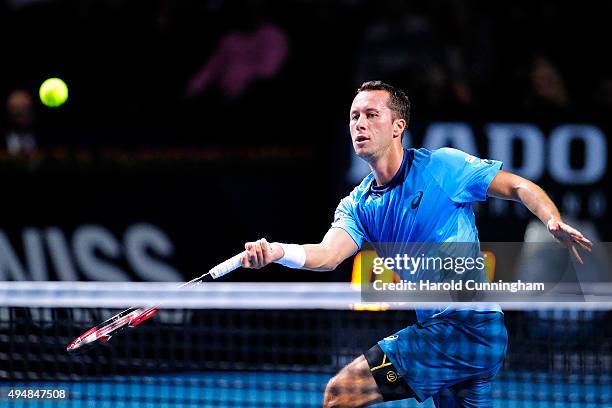 Philipp Kohlschreiber of Germany in action during the fourth day of the Swiss Indoors ATP 500 tennis tournament against Roger Federer of Switzerland...