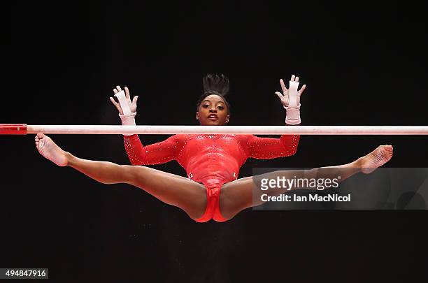Simone Biles of United States competes on the Uneven Bars during day seven of World Artistic Gymnastics Championships at The SSE Hydro on October 29,...