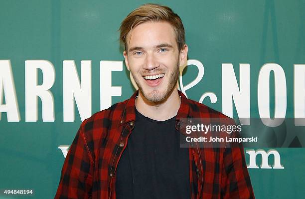 PewDiePie signs copies of his new book "This Book Loves You" at Barnes & Noble Union Square on October 29, 2015 in New York City.