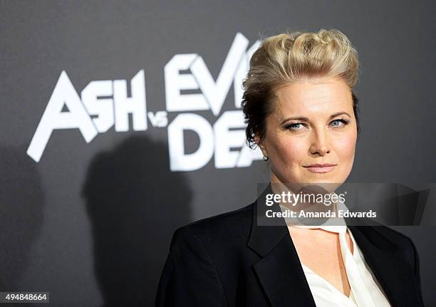 Actress Lucy Lawless arrives at the premiere of STARZ's 'Ash Vs Evil Dead' at TCL Chinese Theatre on October 28, 2015 in Hollywood, California.