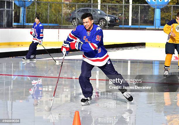 New York Rangers player Emerson Etem attends the New York Rangers and the Cast of IFCÕs Hockey Comedy Benders Face Off event at Lasker Rink on...