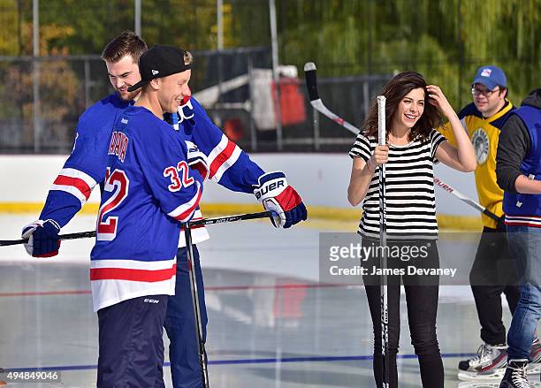 Dylan McIlrath, Antti Raanta, Lindsey Broad and Mark Gessner attend the New York Rangers and the Cast of IFCÕs Hockey Comedy Benders Face Off event...