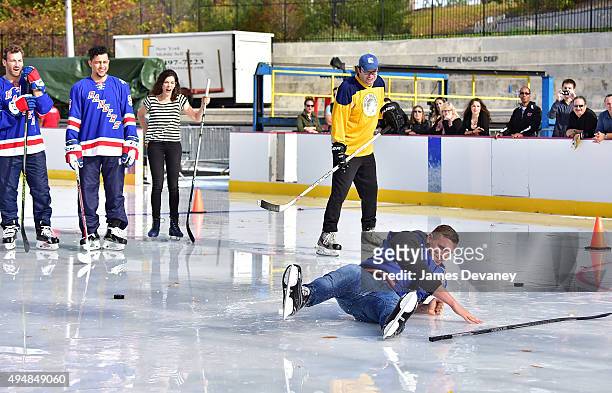 Jarrett Stoll, Emerson Etem, Lindsey Broad, Mark Gessner and Chris Distefano attend the New York Rangers and the Cast of IFCÕs Hockey Comedy Benders...