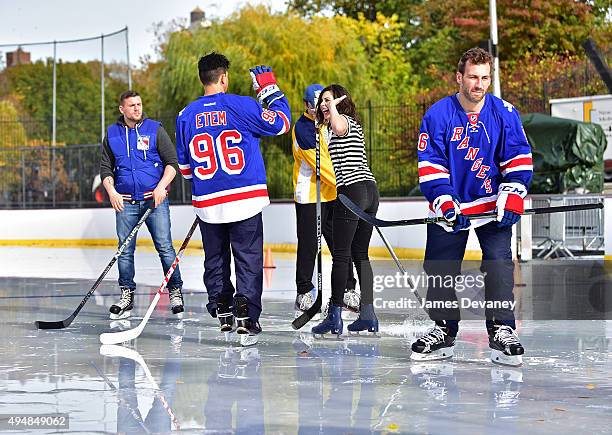 Chris Distefano, Emerson Etem, Lindsey Broad and Jarrett Stoll attend the New York Rangers and the Cast of IFCÕs Hockey Comedy Benders Face Off event...