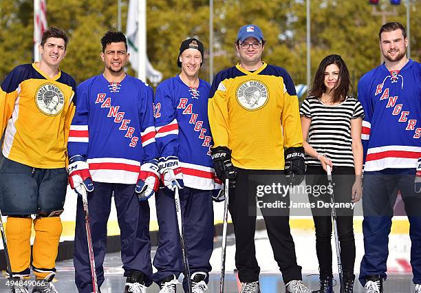 Andrew Schulz, Emerson Etem, Antti Raanta, Mark Gessner, Lindsey Broad and Dylan McIlrath attend the New York Rangers and the Cast of IFCÕs Hockey...