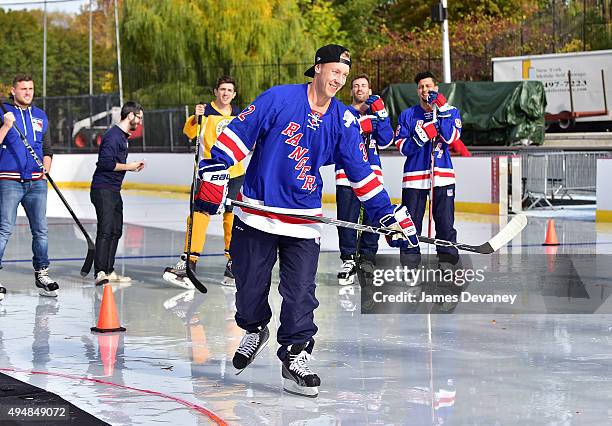 New York Rangers player Antti Raanta attends the New York Rangers and the Cast of IFCÕs Hockey Comedy Benders Face Off event at Lasker Rink on...