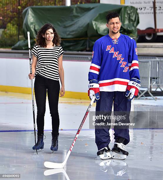 Lindsey Broad and Emerson Etem attend the New York Rangers and the Cast of IFCÕs Hockey Comedy Benders Face Off event at Lasker Rink on October 29,...