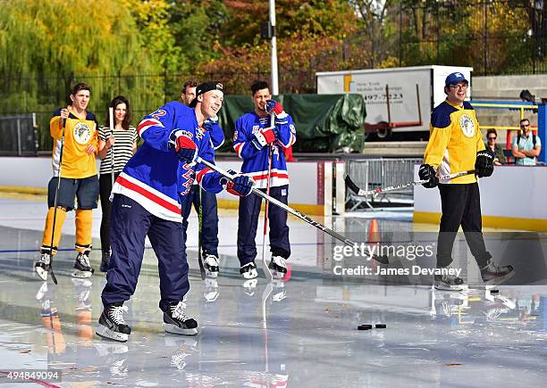 New York Rangers player Antti Raanta attends the New York Rangers and the Cast of IFCÕs Hockey Comedy Benders Face Off event at Lasker Rink on...