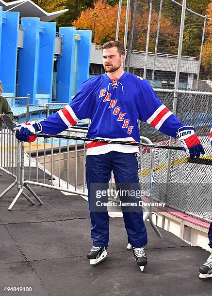 New York Rangers player Dylan McIlrath attends the New York Rangers and the Cast of IFCÕs Hockey Comedy Benders Face Off event at Lasker Rink on...