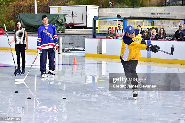 Lindsey Broad, Emerson Etem and Mark Gessner attend the New York Rangers and the Cast of IFCÕs Hockey Comedy Benders Face Off event at Lasker Rink on...