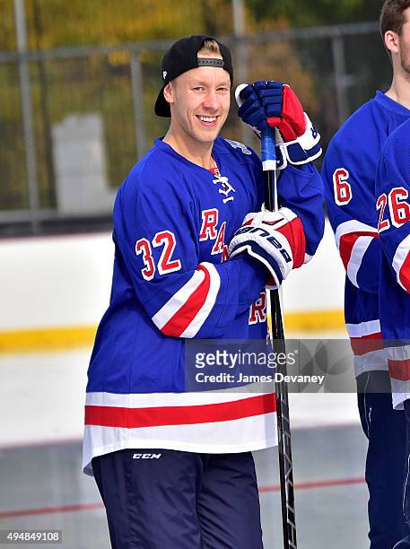 New York Rangers player Antti Raanta attends the New York Rangers and the Cast of IFCÕs Hockey Comedy Benders Face Off event at Lasker Rink on...