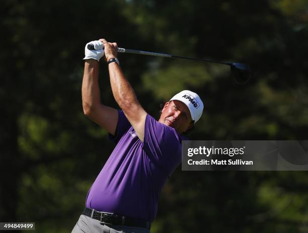 Phil Mickelson hits his tee shot on the second hole during the third round of the Memorial Tournament presented by Nationwide Insurance at Muirfield...