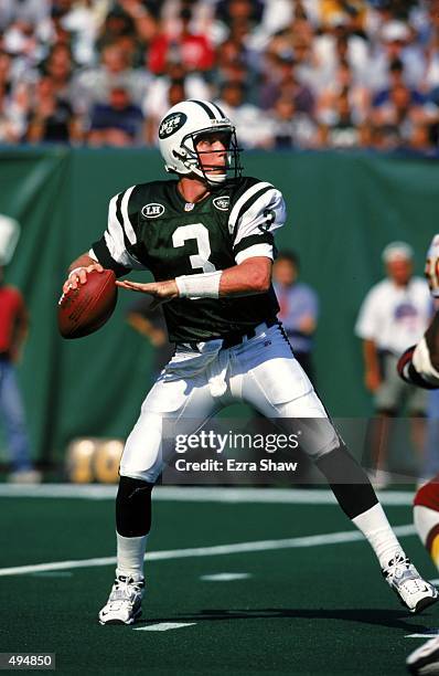 Rick Mirer of the New York Jets gets ready to pass the ball during the game against the Washington Redskins at the Giants Stadium in East Rutherford,...