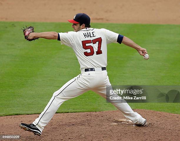 Pitcher David Hale of the Atlanta Braves throws a pitch during the game against the Colorado Rockies at Turner Field on May 24, 2014 in Atlanta,...