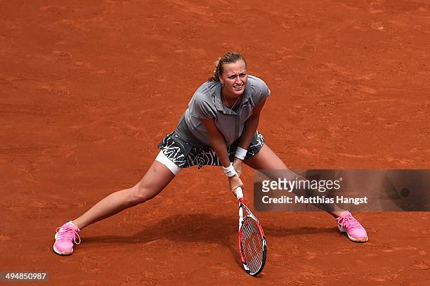 Petra Kvitova of Czech Republic reacts during her women's singles match against Svetlana Kuznetsova of Russia on day seven of the French Open at...