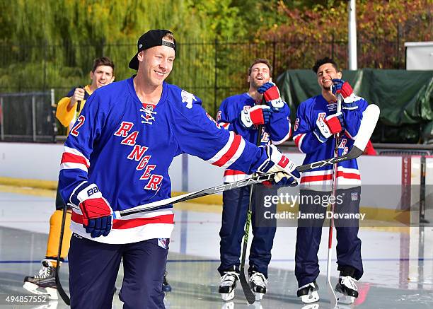 New York Rangers player Antti Raanta attends the New York Rangers and the Cast of IFCÕs Hockey Comedy Benders Face Off event at Lasker Rink on...