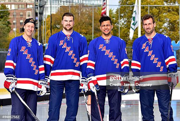 New York Rangers players Antti Raanta, Dylan McIlrath, Emerson Etem and Jarrett Stoll attend the New York Rangers and the Cast of IFCÕs Hockey Comedy...