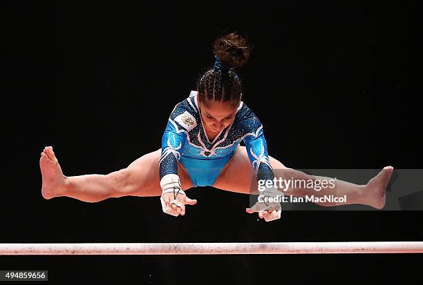 Seda Tutkhalian of Russia competes on the Uneven Bars during day seven of World Artistic Gymnastics Championships at The SSE Hydro on October 29,...