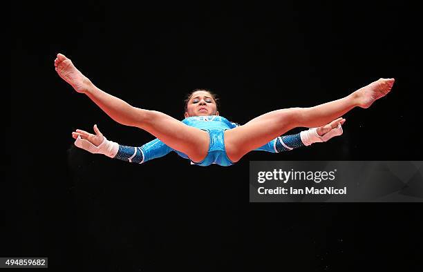 Seda Tutkhalian of Russia competes on the Uneven Bars during day seven of World Artistic Gymnastics Championships at The SSE Hydro on October 29,...