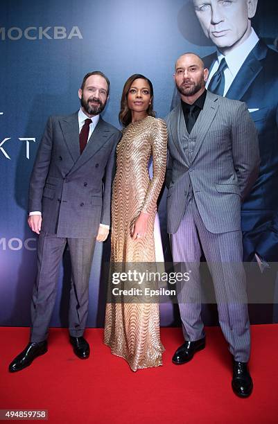 Actress Naomie Harris, actors Ralph Fiennes and Dave Bautista attend the 'Spectre 007' Moscow premiere in Oktyabr cinema hall on October 29, 2015 in...