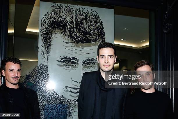 Calligrapher Nicolas Ouchenir, Co-Founders of the Store, Jean-Victor Meyers and Louis Leboiteux attend the Opening of the Collection 'Exemplaire x...