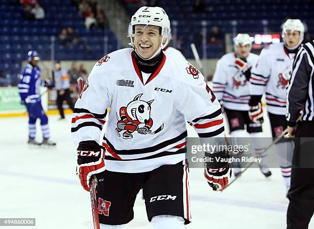 Mikkel Aagaard of the Niagara IceDogs celebrates a goal during an OHL game against the Mississauga Steelheads at the Meridian Centre on October 29,...