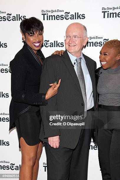 Jennifer Hudson, John Doyle, and Cynthia Erivo attend "The Color Purple" TimesTalks at The New School on October 29, 2015 in New York City.