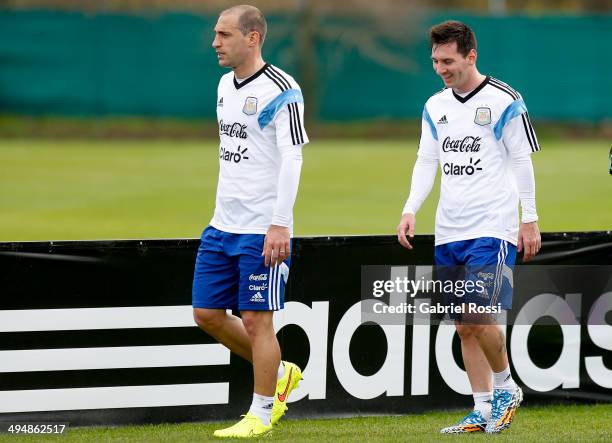 Lionel Messi of Argentina leaves the field after finishing an Argentina training session at Ezeiza Training Camp on May 31, 2014 in Ezeiza, Argentina.