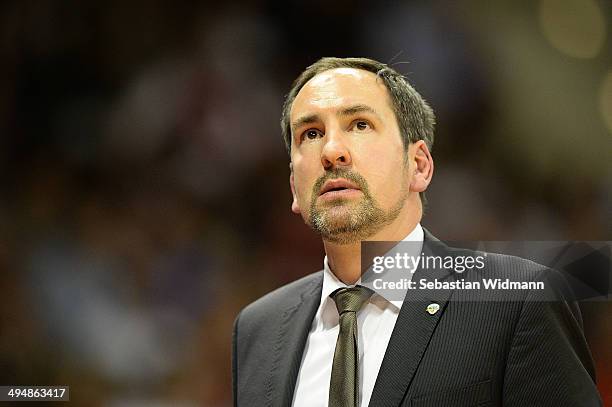 Head coach Sebastian Machowski of Oldenburg reacts to the game during game three of the 2014 Beko BBL Playoffs Semi-Final between FC Bayern Muenchen...