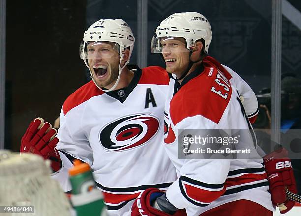 Jordan Staal and Eric Staal of the Carolina Hurricanes celebrate the game tying goal by Chris Terry at 14:56 of the third period against the New York...