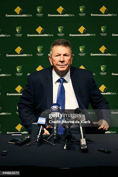 Chairman of selectors for the Australian cricket team, Rod Marsh, speaks to the media at a press conference before day three of the Sheffield Shield...