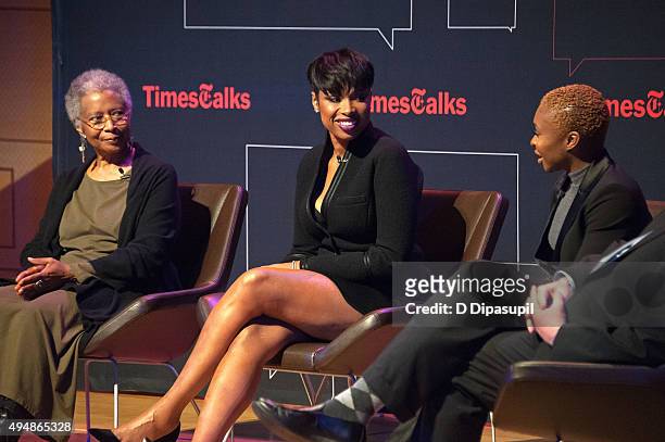 Alice Walker, Jennifer Hudson, and Cynthia Erivo attend "The Color Purple" TimesTalks at The New School on October 29, 2015 in New York City.