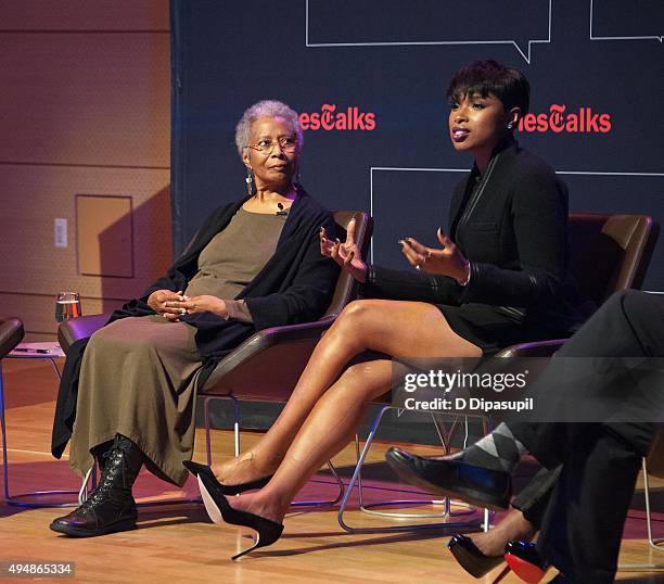 Alice Walker and Jennifer Hudson attend "The Color Purple" TimesTalks at The New School on October 29, 2015 in New York City.