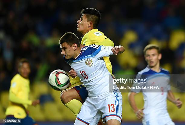 Jean Pena of Ecuador and Egor Denisov of Russia in action during the FIFA U-17 World Cup Chile 2015 Round of 16 match between Russia and Ecuador at...