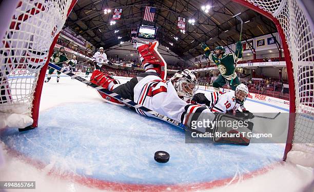 Jarrid Privitera of the Vermont Catamounts celebrates his goal as Ryan Ruck and John Stevens both of the Northeastern Huskies watch as the puck...