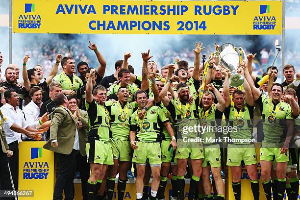 Northampton Saints celebrate after winning the Aviva Premiership Final between Saracens and Northampton Saints at Twickenham Stadium on May 31, 2014...